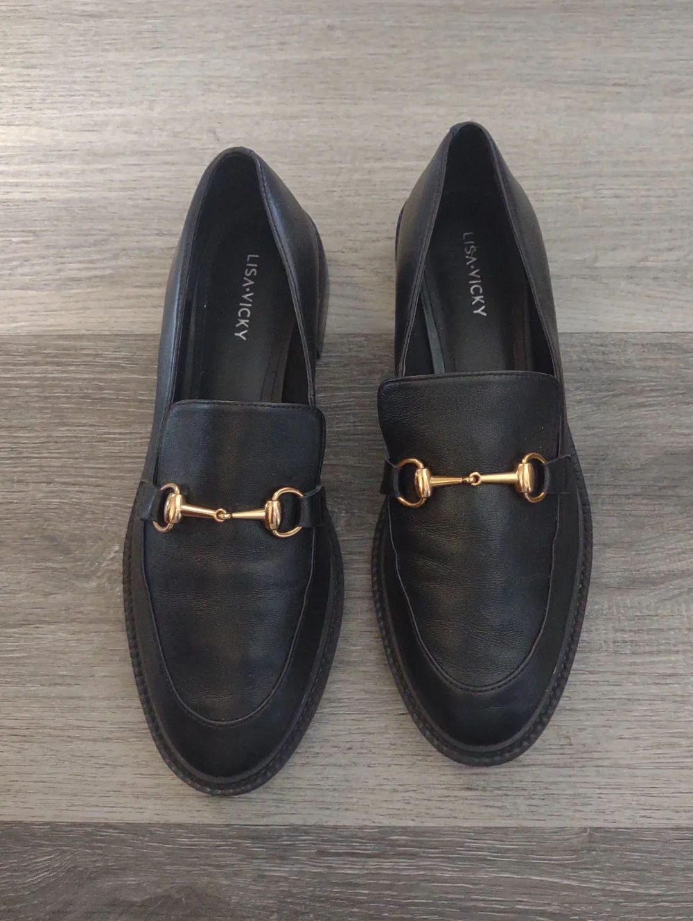 Lisa Vicky Black Gold Buckle Loafers